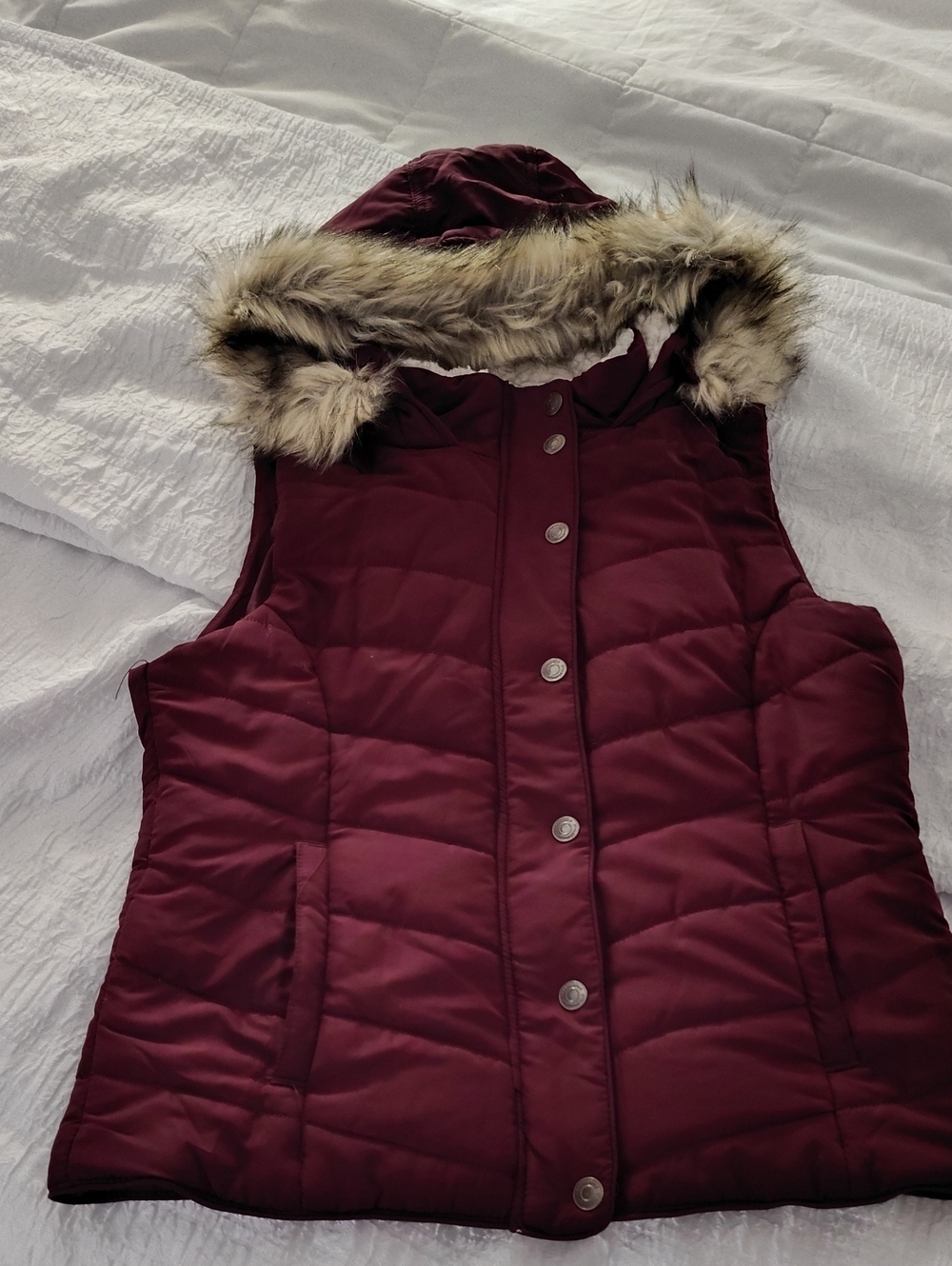 Aeropostale Quilted Hooded Vest with Faux-Fur Trim - Burgundy